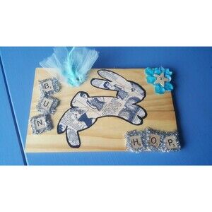 Vintage Easter Mixed Media Sign Bun Hop Assemblage Bunny Rabbit Easter Upcycled